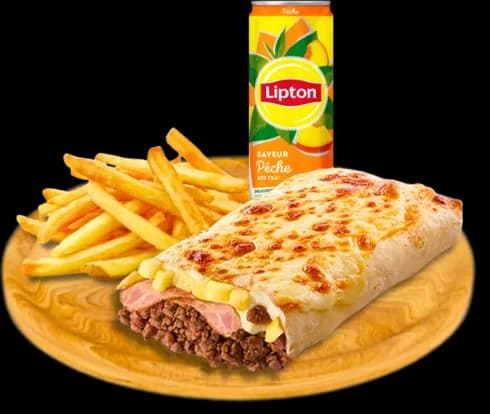 Un tacos gratiné avec frites et boisson, préparé en cuisine ouverte chez Megafood