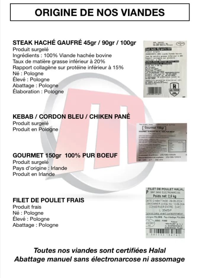 Fiche « Origine de nos viandes » de Megafood : steak haché gaufré, kebab, cordon bleu, chiken pané, Gourmet 150 g, filet de poulet frais, avec le pays d'origine de chacun.